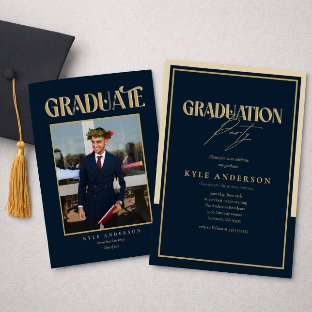 Convite Elegant Blue Gold Graduation Party Photo   (Criador carregado)