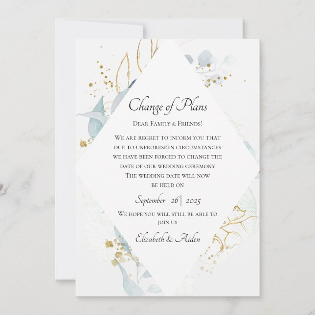Convite Elegant Blue Gold( Imitat) Watercolour Wedding (Frente)