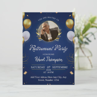 Convite Elegant Blue Gold Retirement Party Invitation