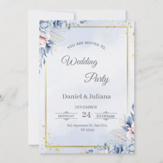 Convite Elegant Blue & Gold Wedding Invitation