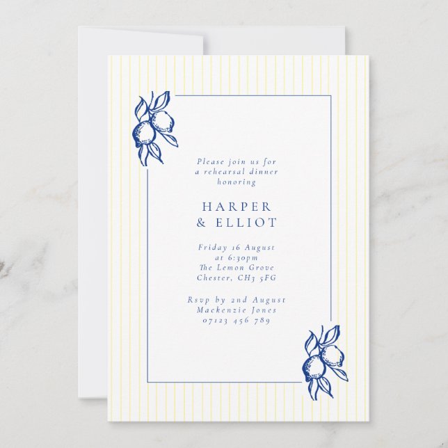 Convite Elegant Blue Hand Drawn Lemon Rehearsal Dinner (Frente)