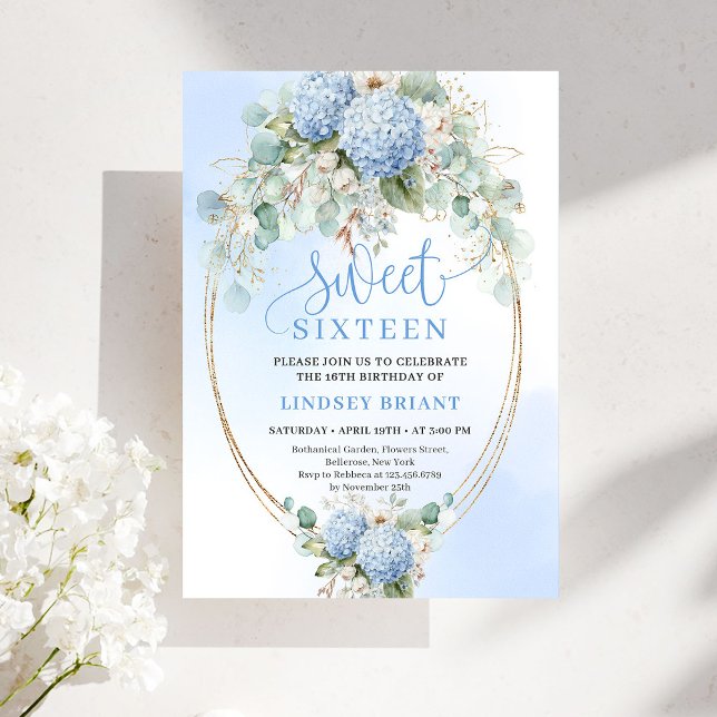 Convite Elegant Blue Hydrangea Eucalyptus Sweet Sixteen  (Elegant Blue Hydrangea Eucalyptus Sweet Sixteen Invite)