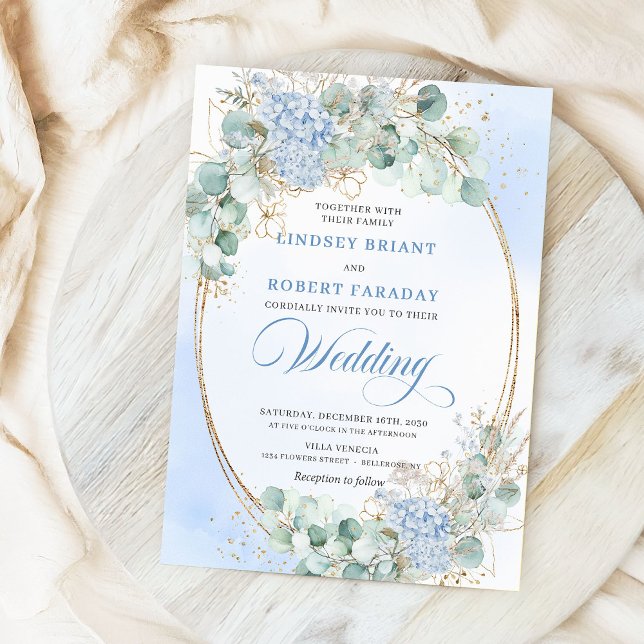 Convite Elegant Blue Hydrangea Eucalyptus Wheat Wedding  (Elegant Blue Hydrangea Eucalyptus Wheat Wedding Invite)