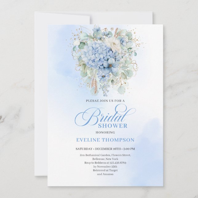 Convite Elegant Blue Hydrangea Gold Bridal Shower Invite (Frente)
