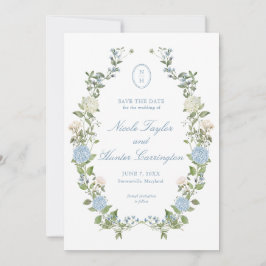 Convite Elegant Blue Hydrangea Monogram Save the Date
