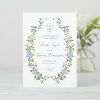 Convite Elegant Blue Hydrangea Monogram Save the Date