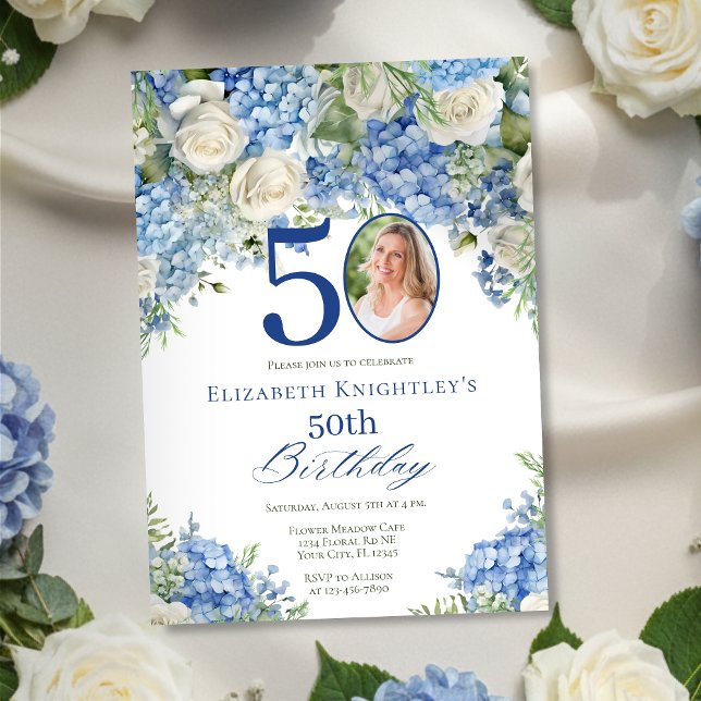 Convite Elegant Blue Hydrangea Roses Photo Birthday Party (Criador carregado)