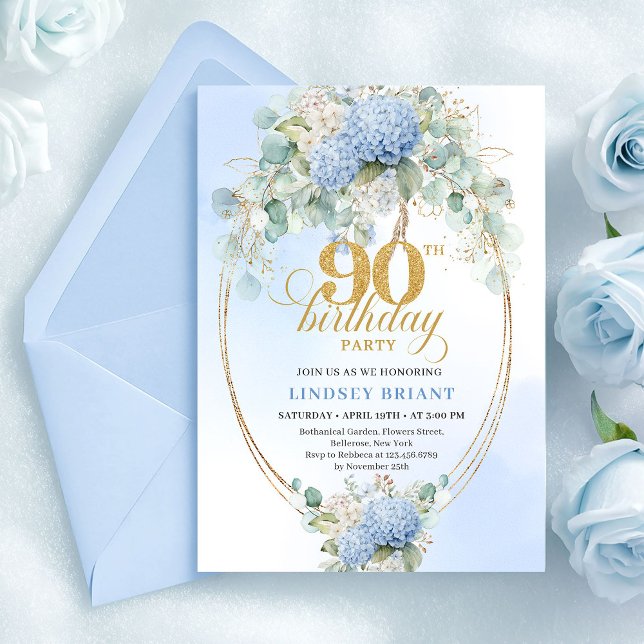 Convite Elegant Blue Hydrangeas Gold 90th Birthday Invites (Elegant Blue Hydrangeas Gold 90th Birthday Invitation)