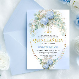 Convite Elegant Blue Hydrangeas Gold Quinceañera Invite