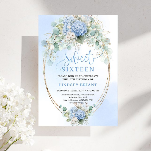 Convite Elegant Blue Hydrangeas Gold Sweet Sixteen Invite (Elegant Blue Hydrangeas Gold Sweet Sixteen Invite)