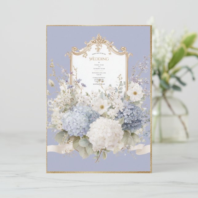 Convite Elegant Blue Hydrangeas Lavender Vintage Wedding (Em pé/Frente)