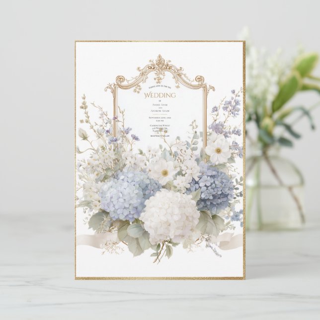 Convite Elegant Blue Hydrangeas Vintage Wedding (Em pé/Frente)