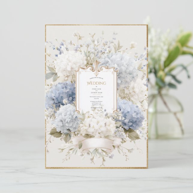 Convite Elegant Blue Hydrangeas Vintage Wedding (Em pé/Frente)