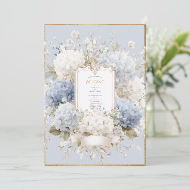 Convite Elegant Blue Hydrangeas Vintage Wedding (Em pé/Frente)