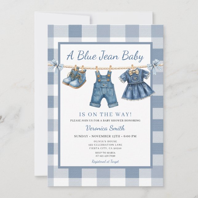 Convite Elegant Blue Jean Clothesline Denim Baby Shower (Frente)