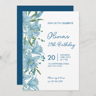 Convite Elegant Blue Lily 27th Birthday Party Invitation