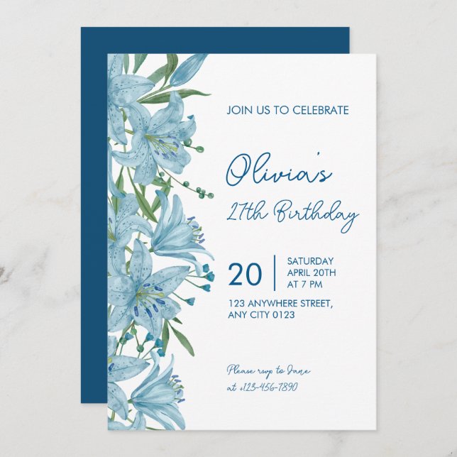 Convite Elegant Blue Lily 27th Birthday Party Invitation (Frente/Verso)