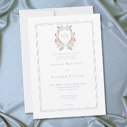 Convite Elegant Blue Pastel Wildflower Regal Crest Wedding