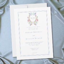 Convite Elegant Blue Pastel Wildflower Regal Crest Wedding