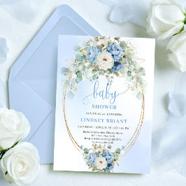 Convite Elegant Blue Peonies Greenery Baby Shower Invite