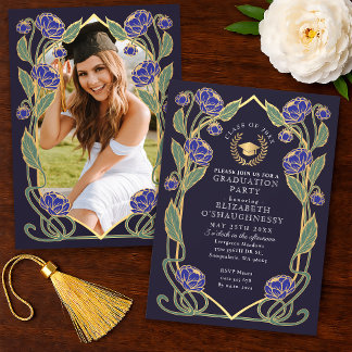 Convite Elegant Blue Peony Art Nouveau Graduation Party