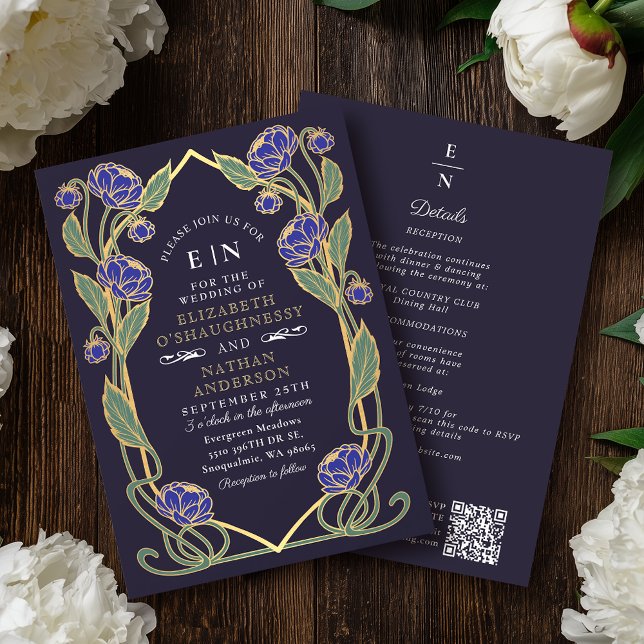 Convite Elegant Blue Peony Art Nouveau QR Code Wedding (Criador carregado)