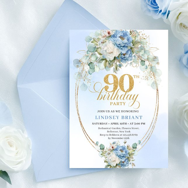 Convite Elegant Blue Peony Gold 90th Birthday Invitation (Elegant Blue Peonies 90th Birthday Invitation Gold)