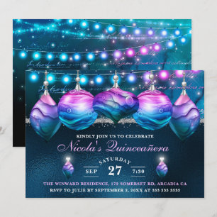 Convite Elegant Blue & Purple Mermaid Brincos Quinceanera