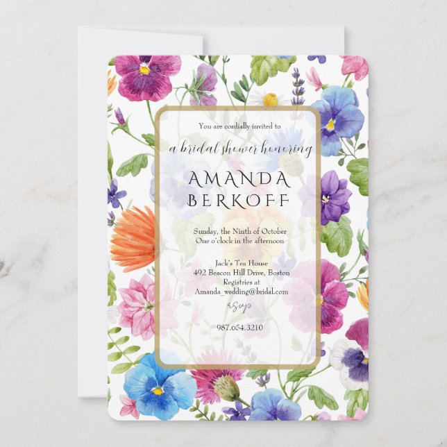 Convite Elegant Blue & Red Flowers Bridal Shower  (Frente)