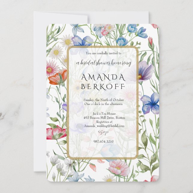 Convite Elegant Blue & Red Flowers Bridal Shower  (Frente)