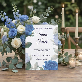 Convite Elegant Blue Rose Watercolor Floral Wedding