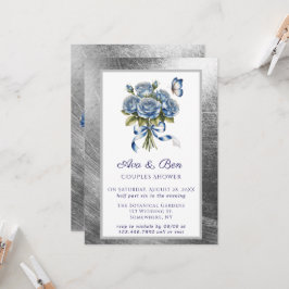 Convite Elegant Blue Roses Butterfly Silver Couples Shower