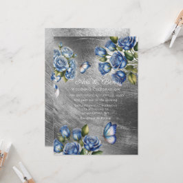 Convite Elegant Blue Roses Butterfly Silver Wedding
