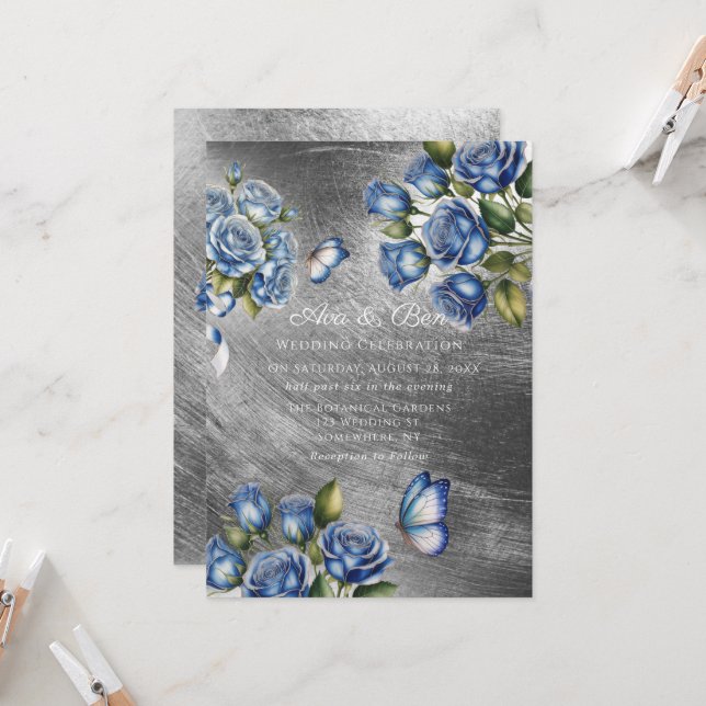 Convite Elegant Blue Roses Butterfly Silver Wedding (Frente/Verso In Situ)