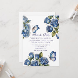 Convite Elegant Blue Roses Butterfly Silver Wedding