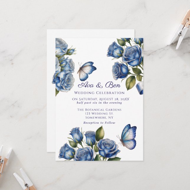 Convite Elegant Blue Roses Butterfly Silver Wedding (Frente/Verso In Situ)