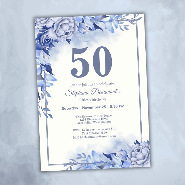 Convite Elegant Blue Roses Floral Women's 50th Birthday  (Criador carregado)