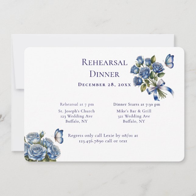 Convite Elegant Blue Roses Silver Rehearsal Dinner (Frente)