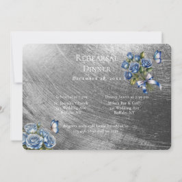 Convite Elegant Blue Roses Silver Rehearsal Dinner