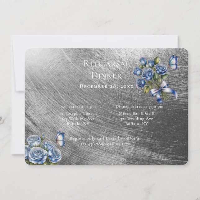 Convite Elegant Blue Roses Silver Rehearsal Dinner (Frente)