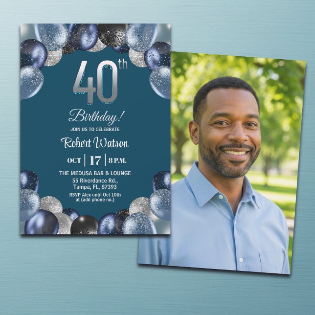 Convite Elegant Blue Silver Glitter 40th Birthday Photo (Criador carregado)