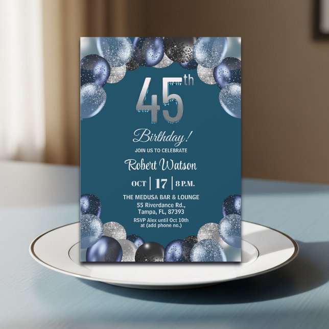Convite Elegant Blue Silver Glitter 45th Birthday Party (Criador carregado)
