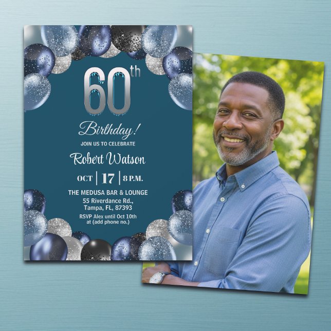 Convite Elegant Blue Silver Glitter 60th Birthday Photo (Criador carregado)