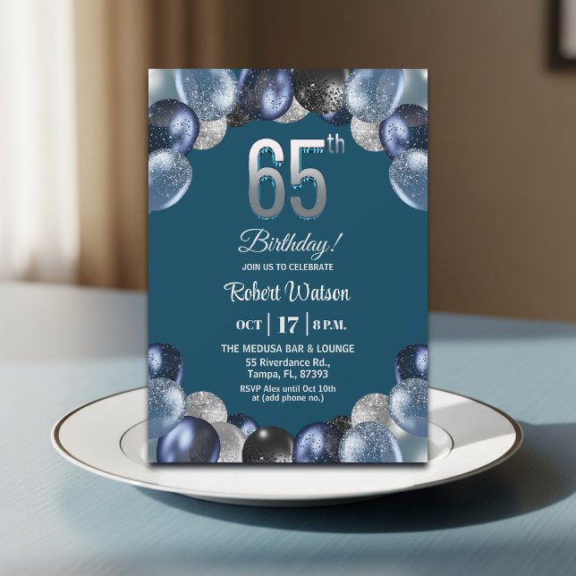 Convite Elegant Blue Silver Glitter 65th Birthday Party (Criador carregado)