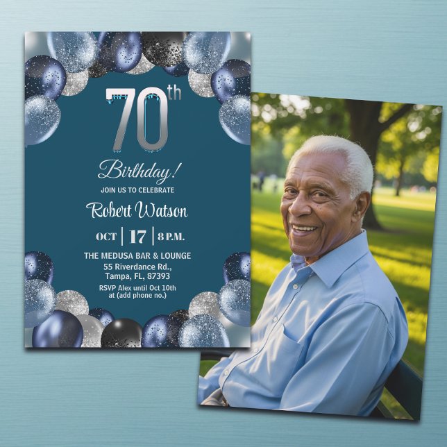 Convite Elegant Blue Silver Glitter 70th Birthday Photo (Criador carregado)