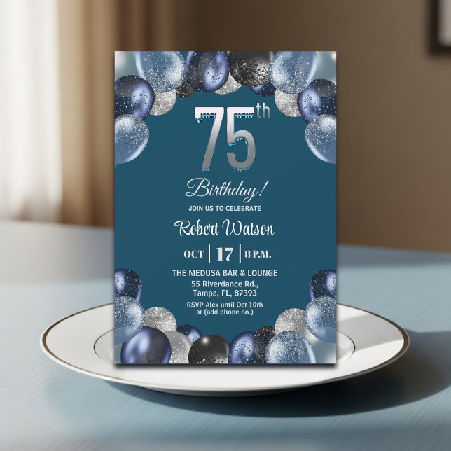 Convite Elegant Blue Silver Glitter 75th Birthday Party (Criador carregado)