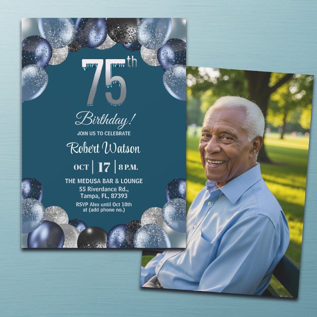 Convite Elegant Blue Silver Glitter 75th Birthday Photo (Criador carregado)