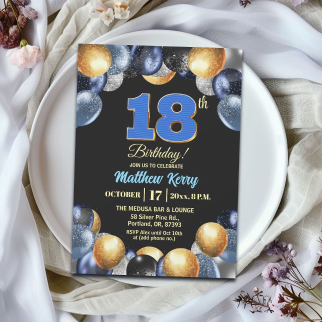 Convite Elegant Blue Silver Gold 18th Birthday Party (Criador carregado)