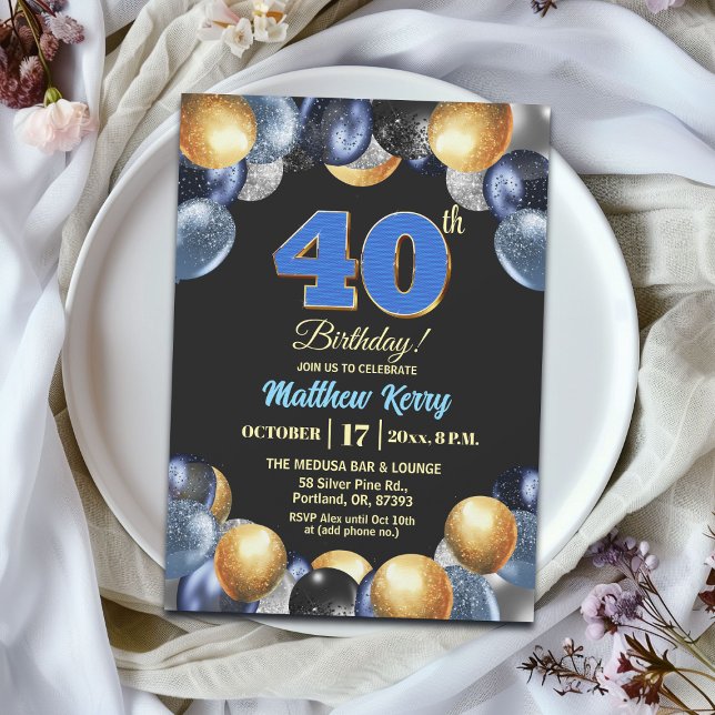 Convite Elegant Blue Silver Gold 40th Birthday Party (Criador carregado)