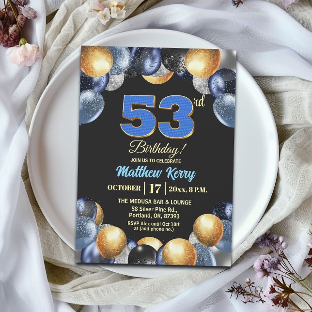 Convite Elegant Blue Silver Gold 53rd Birthday Party (Criador carregado)